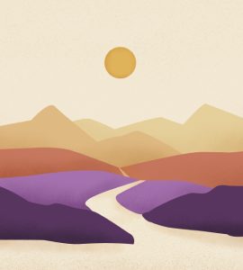 illustration of trail leading through mountains into sunset