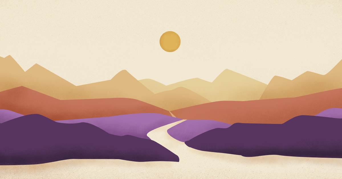 illustration of trail leading through mountains into sunset