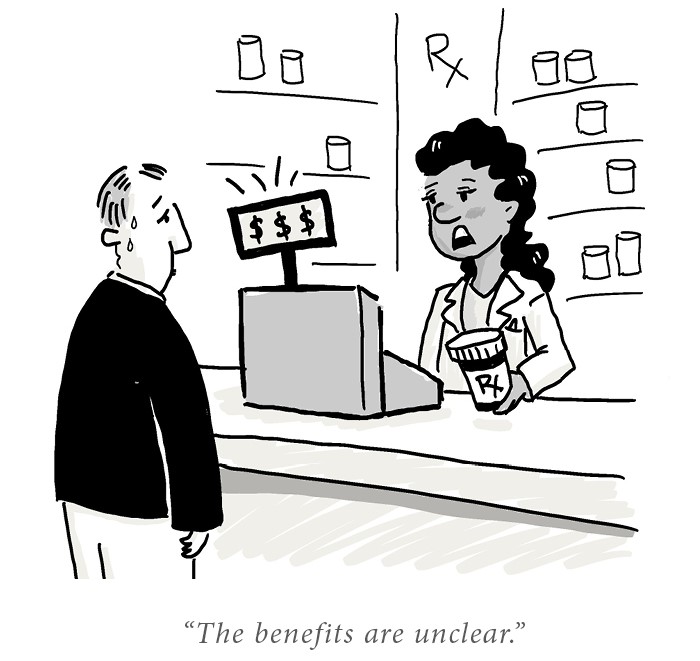 cartoon illustration of a pharmacist ringing up a customer; the caption reads "The benefits are unclear."