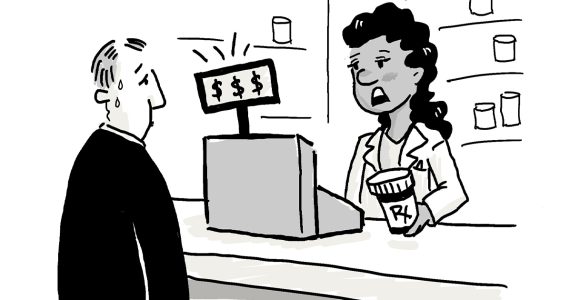 cartoon illustration of pharmacist and customer