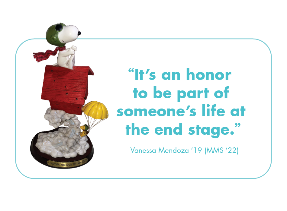 Photo of a Snoopy figurine with the quote "It's an honor to be part of someone's life at the end stage." 