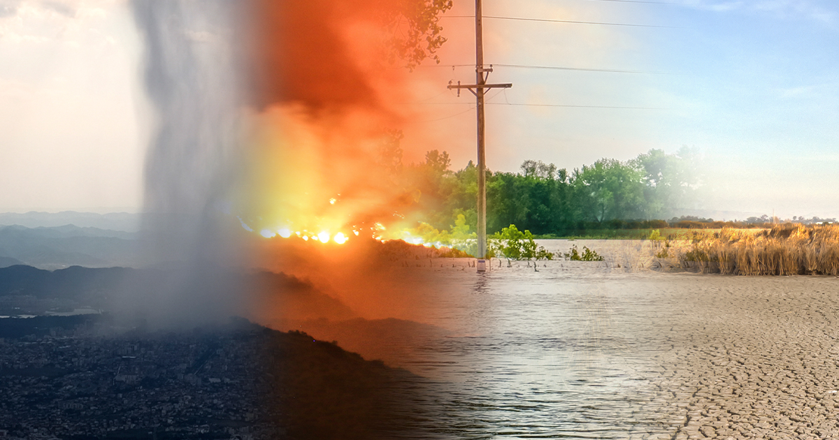 composite image of landscape showing rain, fire and dry earth