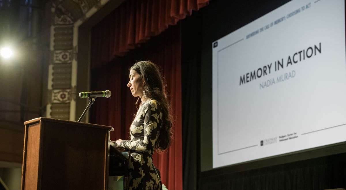 Presidential Fellow and Nobel Peace Prize laureate Nadia Murad speaks at the 25th annual Holocaust Art & Writing Contest ceremony March 15.