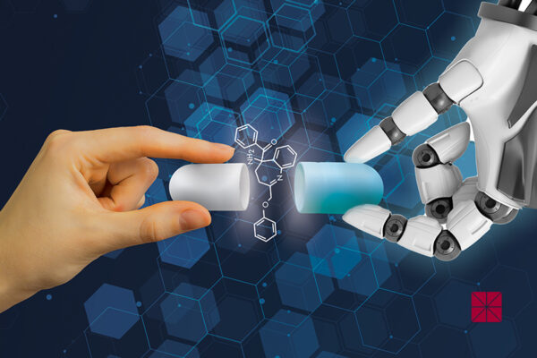 illustration of human hand and robot hand putting a pill capsule together