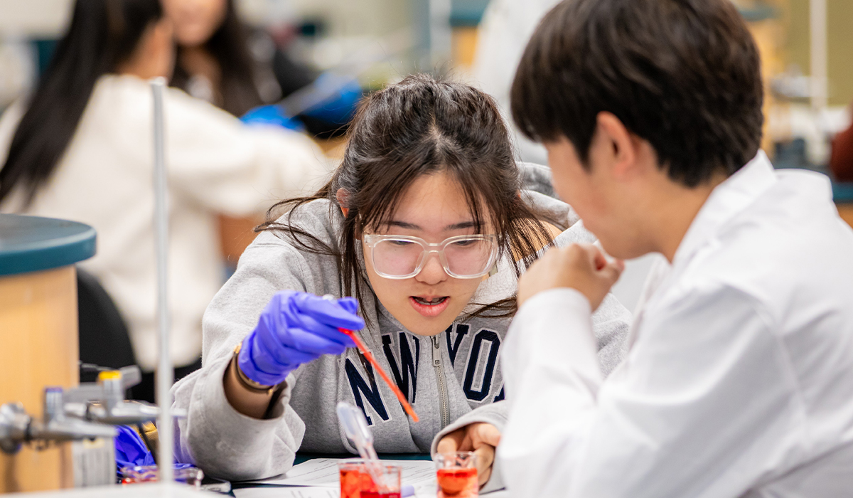 A female and a male high school student working together in a lab during CUSP's Summer Pharmacy Program, surrounded by lab equipment and materials.