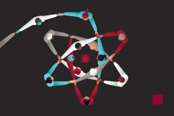 Illustration of Chapman faculty holding hands in the shape of an atom