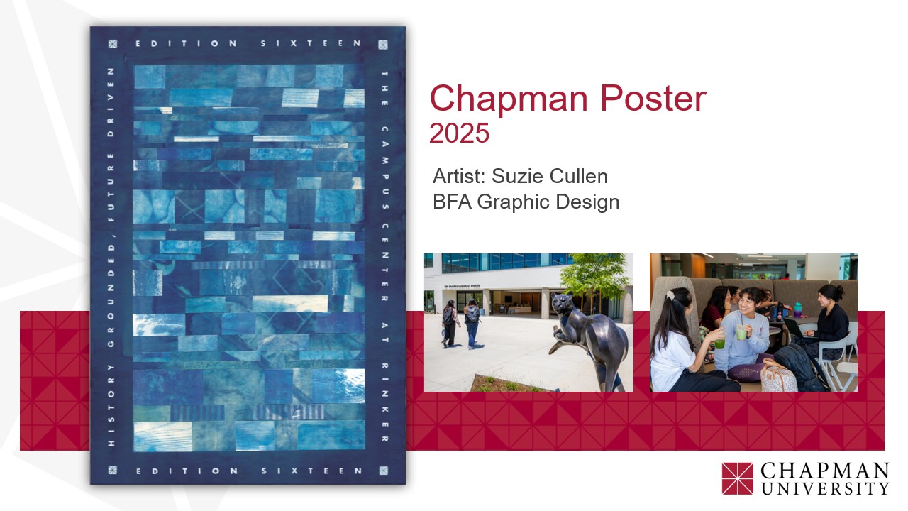 picture of abstract poster design and photos of Rinker campus. Reads Chapman Poster 2025 Artist Suzie Cullen BFA Graphic Design