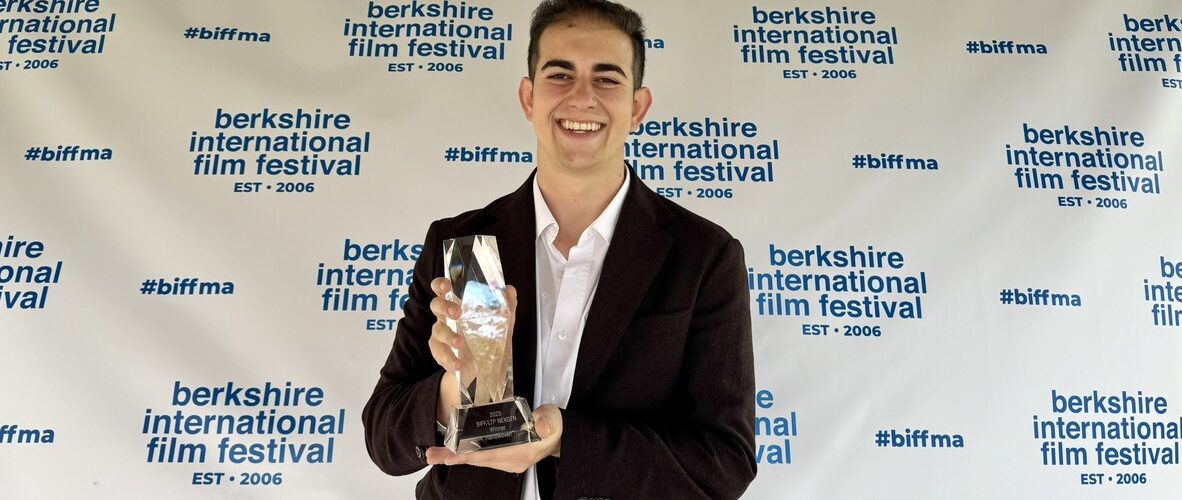 Chapman Alumni, Dasha Levin ’24, holding his award at the Berkshire International Film festival.