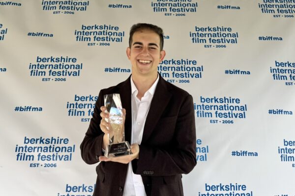 Chapman Alumni, Dasha Levin ’24, holding his award at the Berkshire International Film festival.