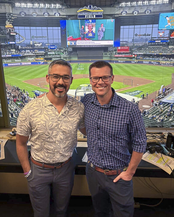 Stephen Nelson (left) and Jeff Levering (right) connected in the broadcast booth before Game 1 of the 2025 National League Championship Series.