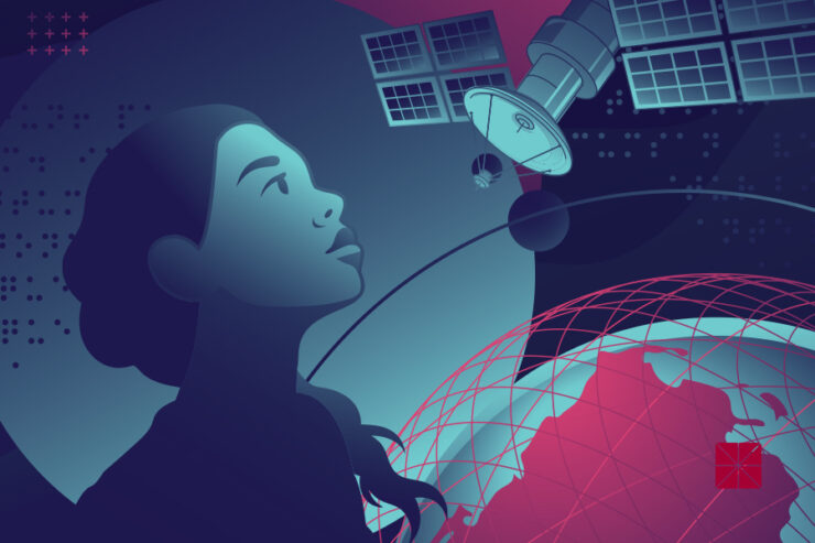 illustration of young woman and satellite