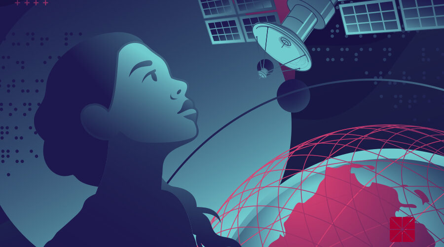 illustration of young woman and satellite