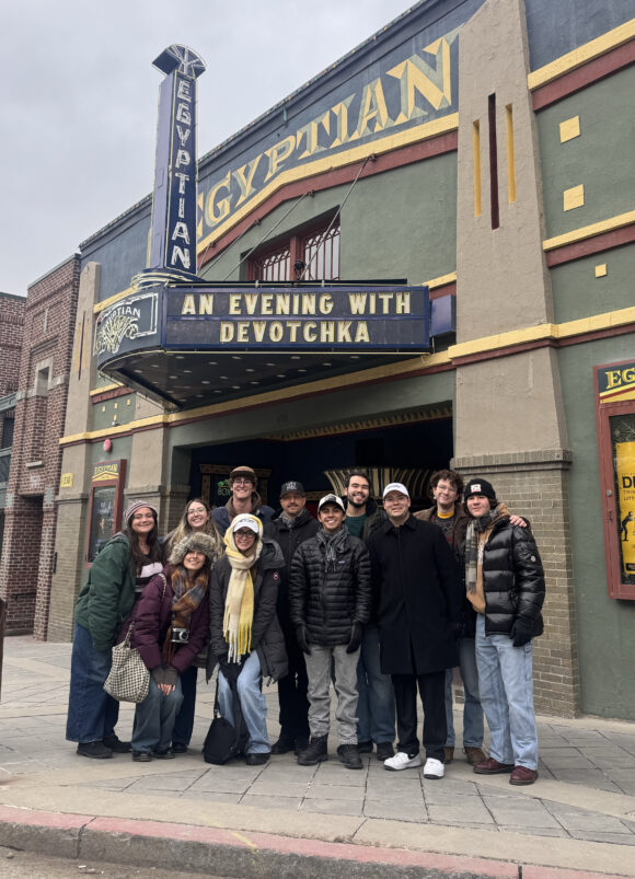Travel course students meet up with other Chapman students on Main Street.