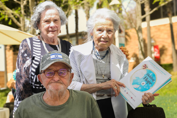 Holocaust survivors Jenny Unterman, Tova Rotlevy Cohen, and Sam Silberberg. Sam Silberberg is in the front; Jenny Unterman and Tova Rotlevy Cohen are in the back, with Jenny on the left.