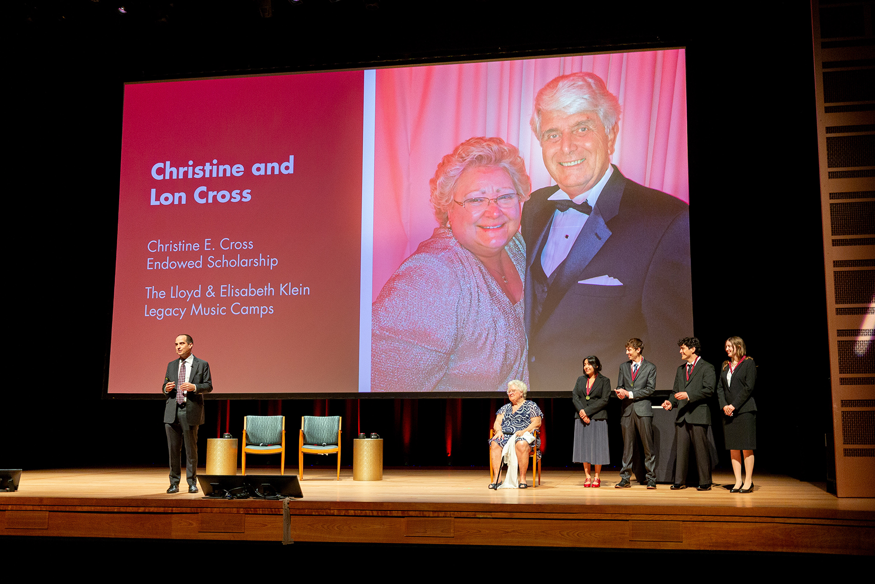 Philanthropist Christine Cross and four scholarship recipients are recognized by Chapman President Matt Parlow at the 2026 State of the University.