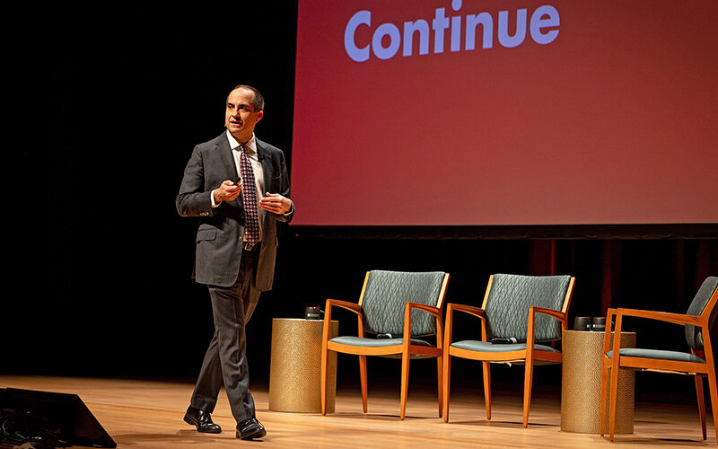 Chapman University President Matt Parlow speaks at the 2026 State of the University address. Photo by Nathan Worden.