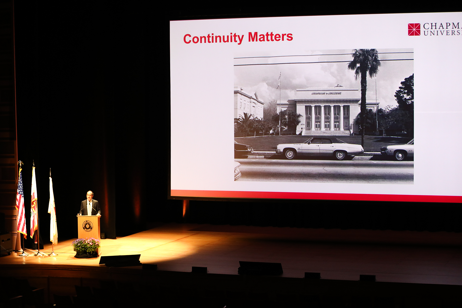Chapman President Matt Parlow discusses the university's deep roots in Orange at the State of the City event.