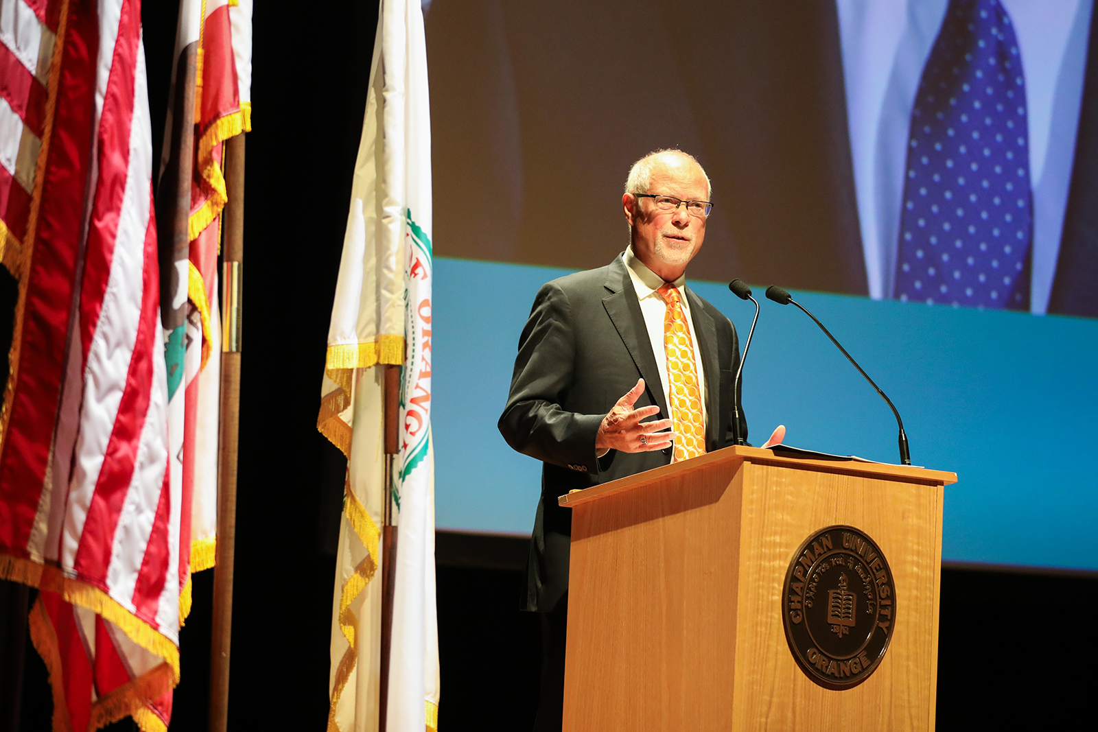 Orange Mayor Dan Slater speaks at the State of the City event at Chapman's Musco Center for the Arts.