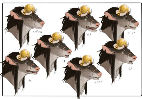 Model sheet of a fantasy animal character with long dark hair and a golden ornament on its head, shown in seven head‑and‑neck poses with different mouth shapes for speech and expression.