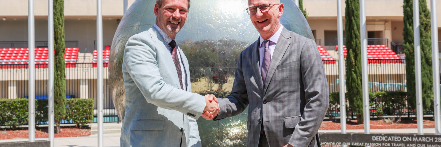 Santiago Canyon College Vice President of Academic Affairs Jason Parks, left, and Mike Ibba, executive vice president, provost and chief academic officer at Chapman University.