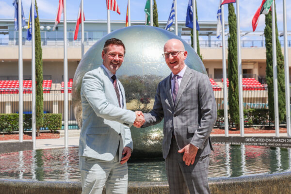 Santiago Canyon College Vice President of Academic Affairs Jason Parks, left, and Mike Ibba, executive vice president, provost and chief academic officer at Chapman University.