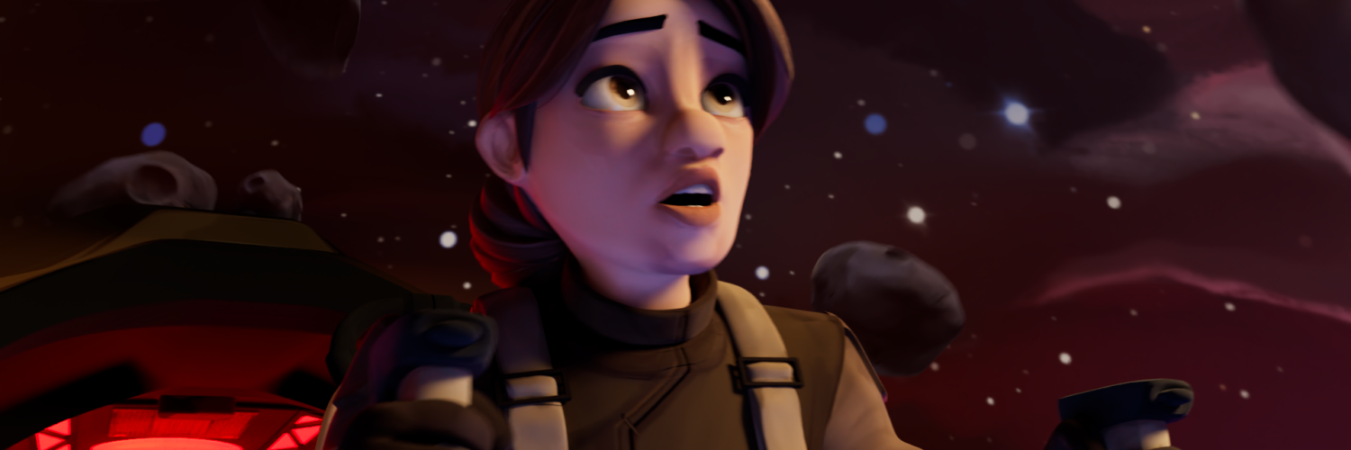 Stylized 3D animation of a space pilot gripping two control sticks in a cockpit, flying through a field of asteroids with stars and nebulae in the background, illustrating cinematic work an aspiring animator might showcase.