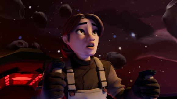 Stylized 3D animation of a space pilot gripping two control sticks in a cockpit, flying through a field of asteroids with stars and nebulae in the background, illustrating cinematic work an aspiring animator might showcase.