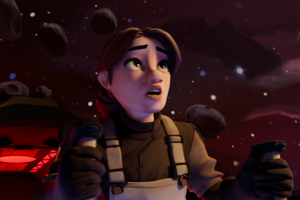 Stylized 3D animation of a space pilot gripping two control sticks in a cockpit, flying through a field of asteroids with stars and nebulae in the background, illustrating cinematic work an aspiring animator might showcase.