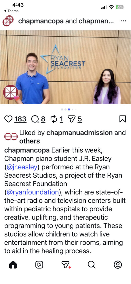 Instagram post featuring Chapman piano student J.R. Easley and Professor Grace Fong at the Ryan Seacrest Foundation.