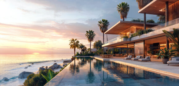 An architectural rendering of the exterior view across an infinity pool of a modern mansion on beachfront with white walls and large glass windows overlooking the coastal ocean