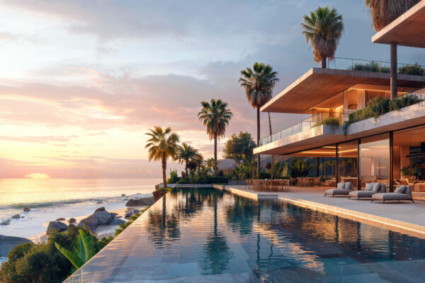An architectural rendering of the exterior view across an infinity pool of a modern mansion on beachfront with white walls and large glass windows overlooking the coastal ocean