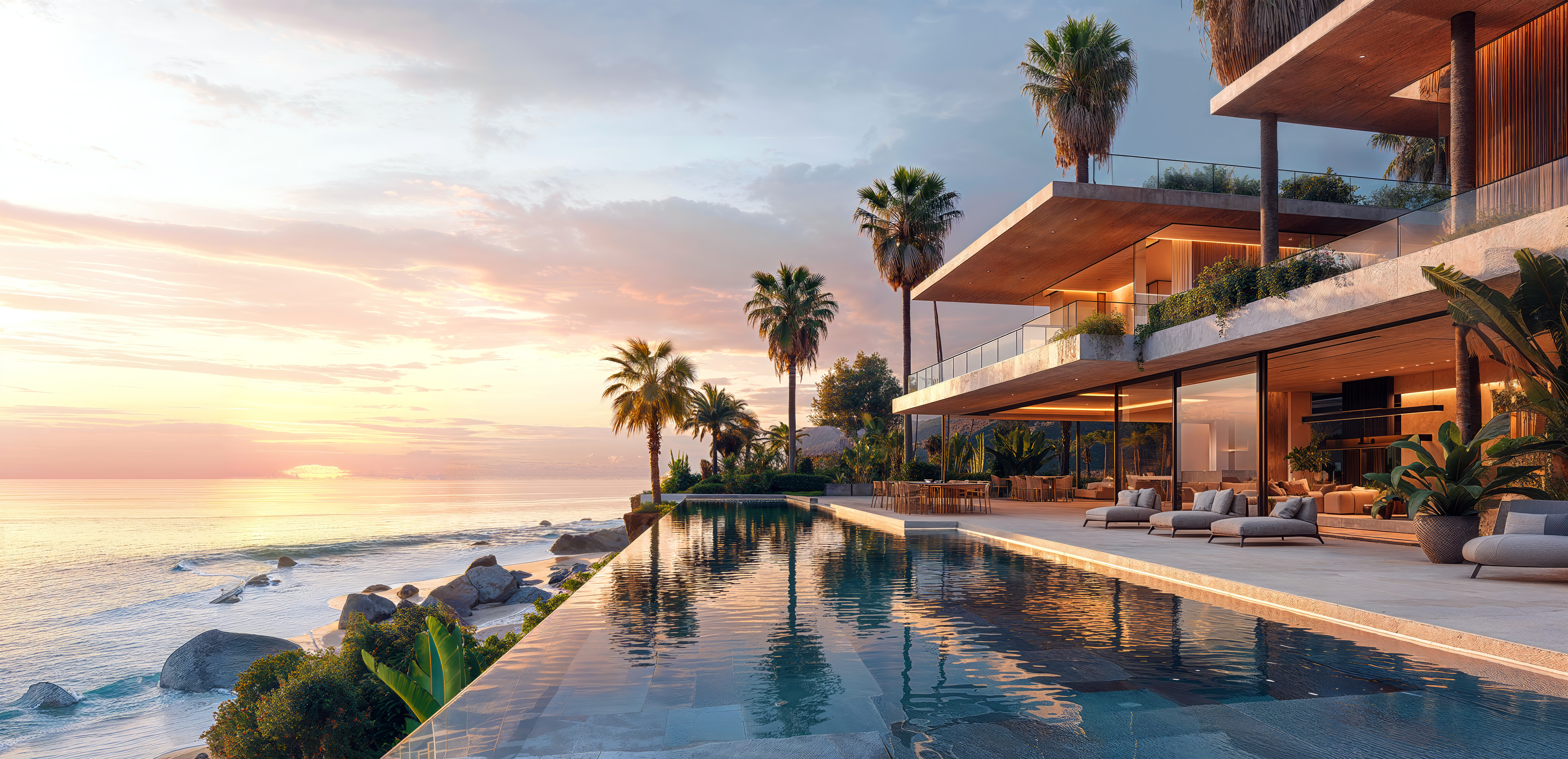 An architectural rendering of the exterior view across an infinity pool of a modern mansion on beachfront with white walls and large glass windows overlooking the coastal ocean
