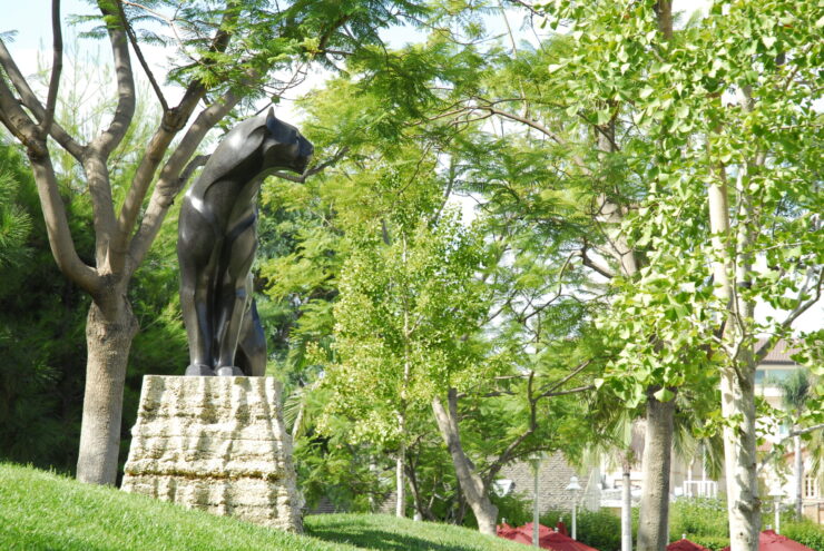 Early Action vs. Regular Decision: Black panther statue surrounded by trees on Chapman University’s campus.