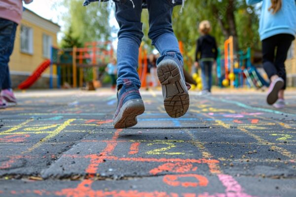 A game of jumping on a school playground with chalk numbers and squares representing childhood innocence and children having fun during recess or after school.