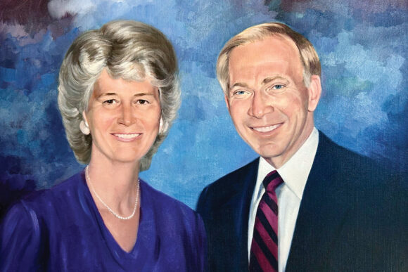 Painted portrait of Joni and Buck Smith smiling against a blue background.
