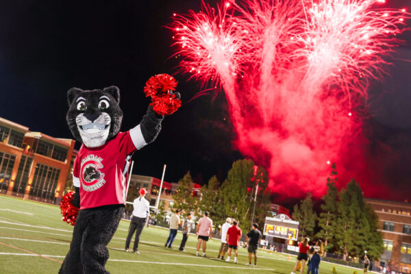 A black panther mascot in a red shirt waves red pom-poms on a football field as vibrant red fireworks explode overhead.